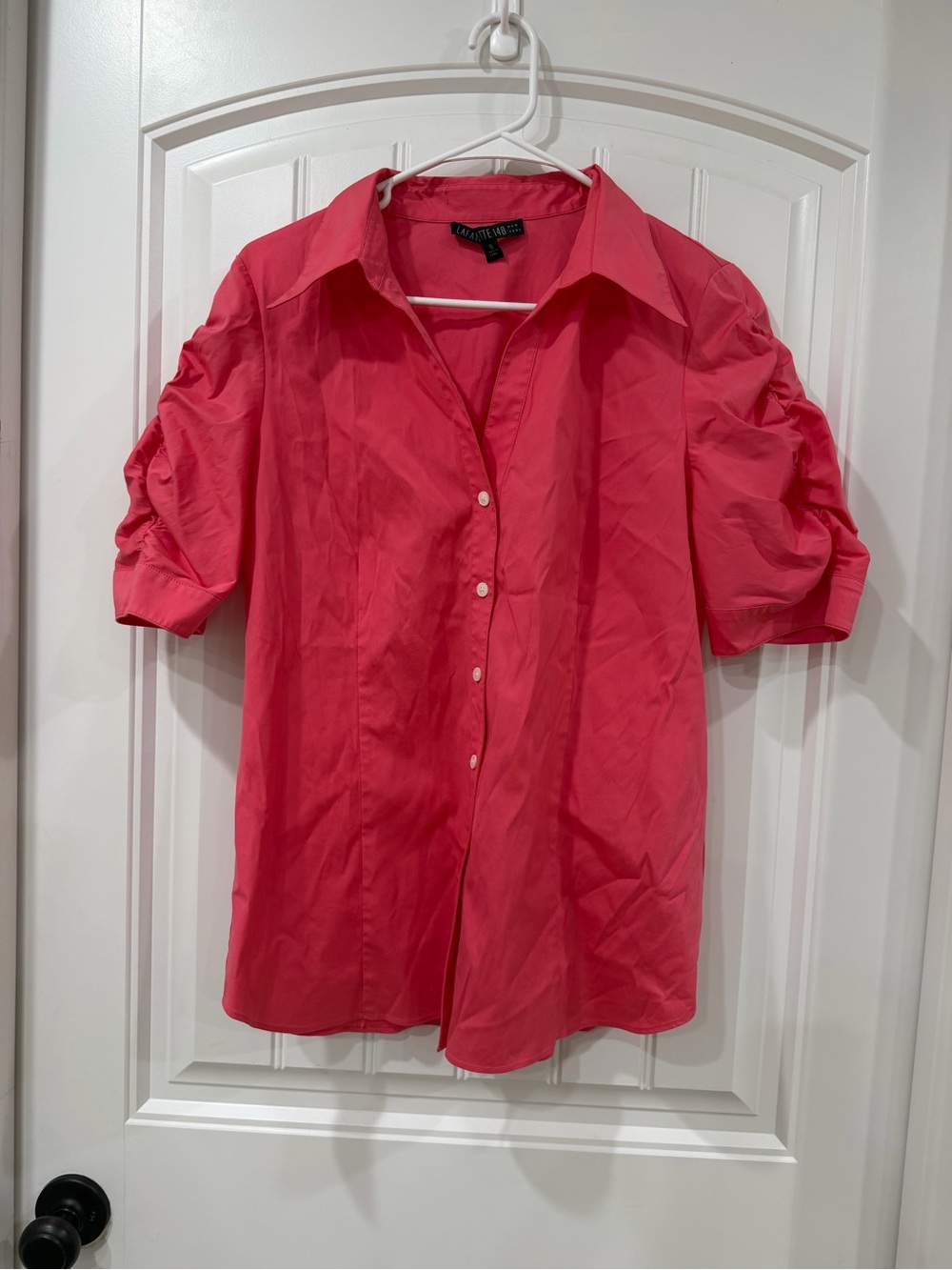 EUC Lafayette 148 New York Coral-Pink Ruched Short-Sleeve Button Blouse